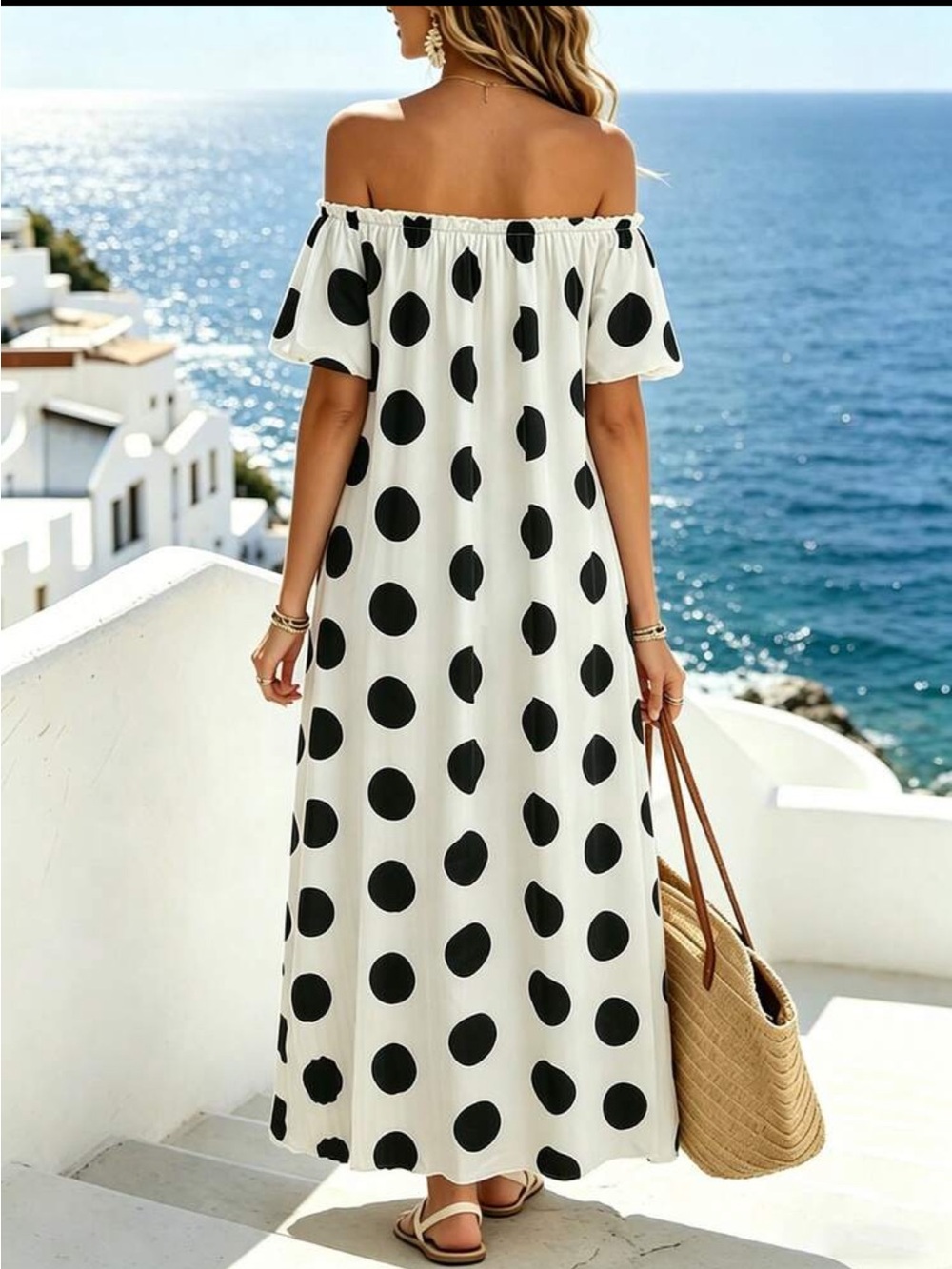 Off-Shoulder Black & White Polka Dot Maxi Dress - Picture 2 of 4